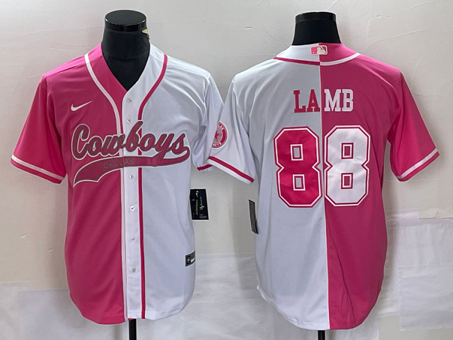 Men's Dallas Cowboys #88 CeeDee Lamb Pink/White Split Cool Base Stitched Baseball Jersey